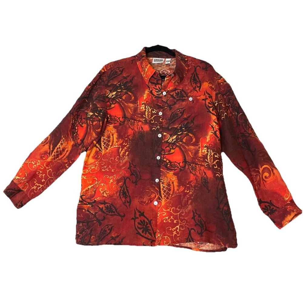 Chicos 2 US Large Womens Button Down Shirt Red Orange Linen Abstract Paisley